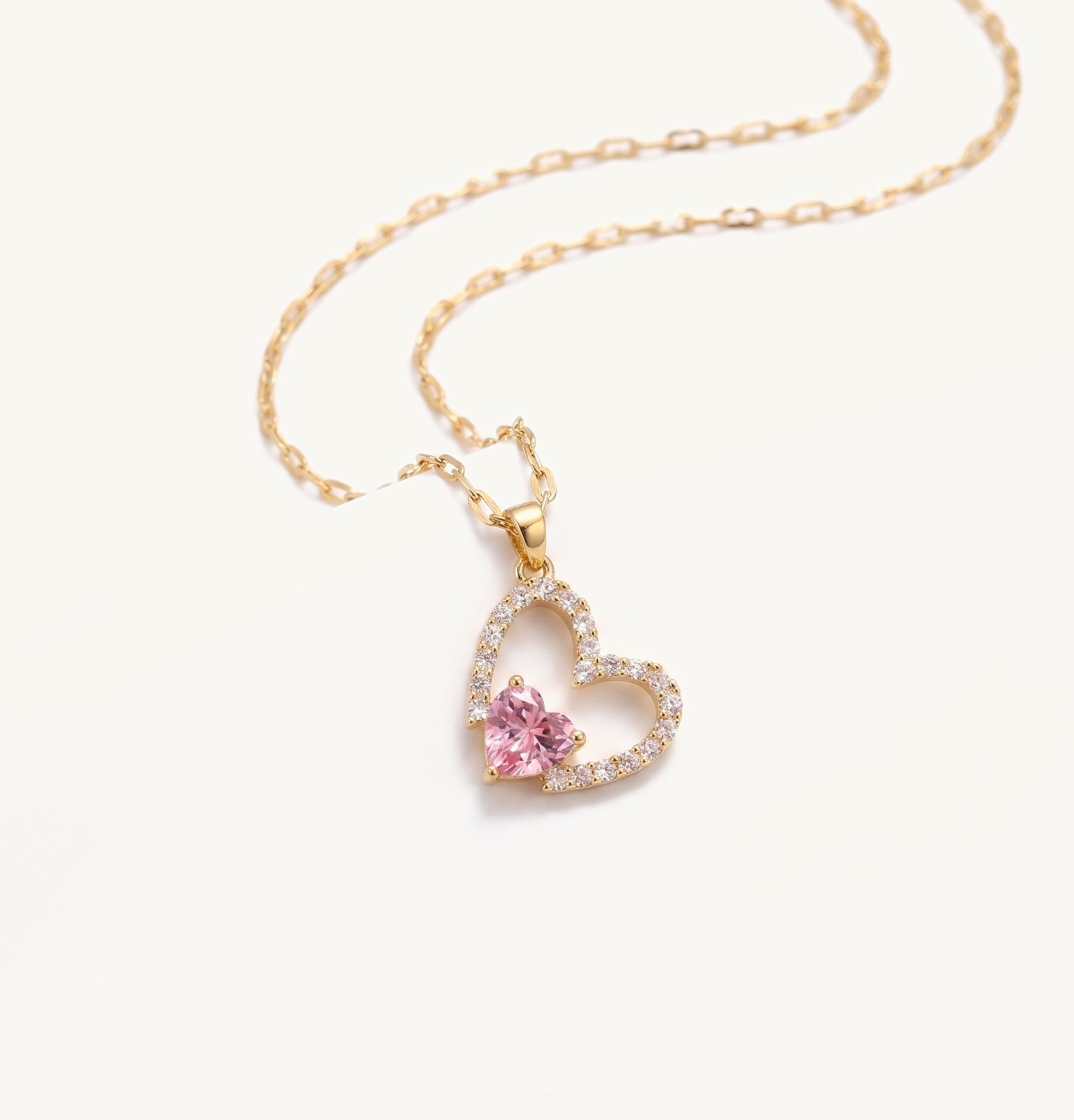 Gold Heart Necklace with Pink Zircon — Stainless Steel
